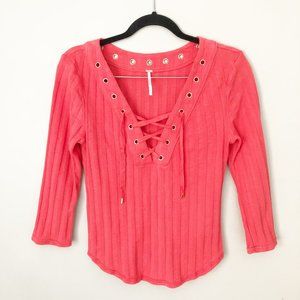 Free People Coral Lace-Up Long Sleeve Tee